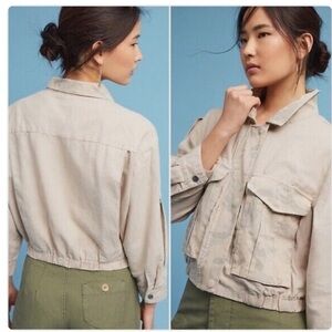 Anthropologie Hei Hei Crop Jacket tan camo linen blend military Zip W-292 Sz M